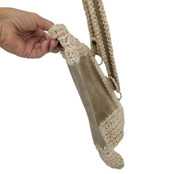 Vintage Handmade Crochet Macrame Straw Suede Shoulder Bag Purse Tan Boho Hippie - Picture 9 of 15